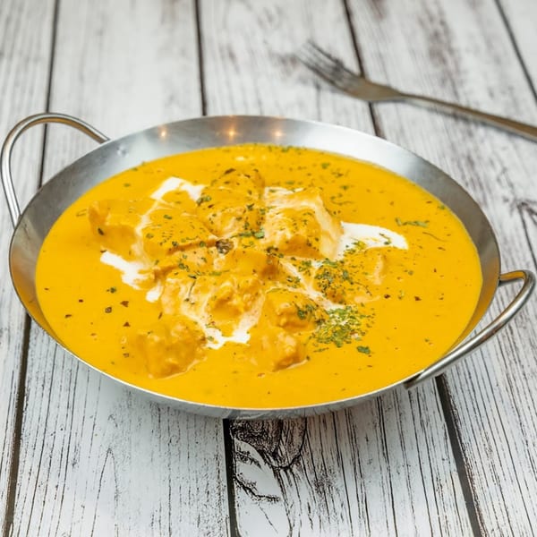 Tadka Indian Restaurant's butter chicken, a rich orange curry with chicken pieces, cream, and herbs.